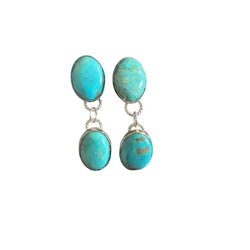Kingman Turquoise Stones & Sterling Silver Dangle Earrings Handmade In Montana